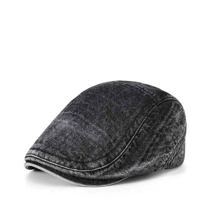 Men's forward baseball cap style hat with flat top crown design in denim blue cotton fabric