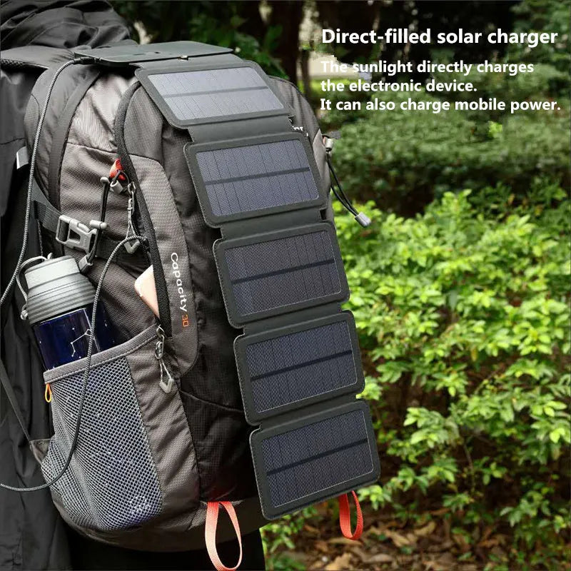 Folding solar panel charger with monocrystalline silicon cells, USB output, and compass buckle in black