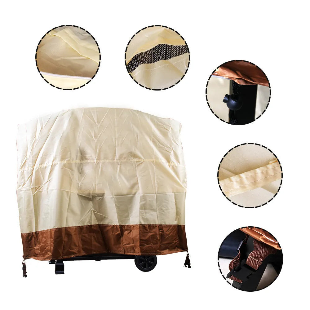 Beige polyester outdoor barbecue dust cover shown folded, with size options listed.