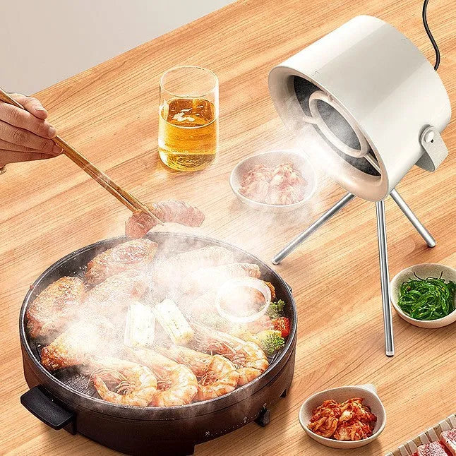 Milky white portable desktop exhaust fan with USB cable and removable filter on tripod stand