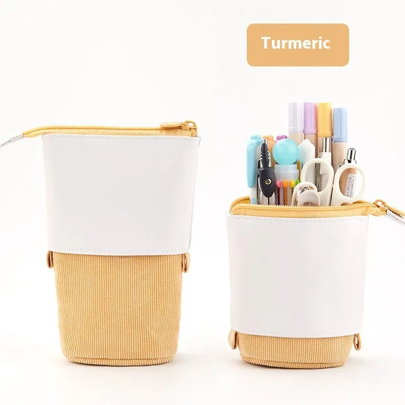 Korean-style telescopic stationery case in purple PU corduroy with drop-down expanded design