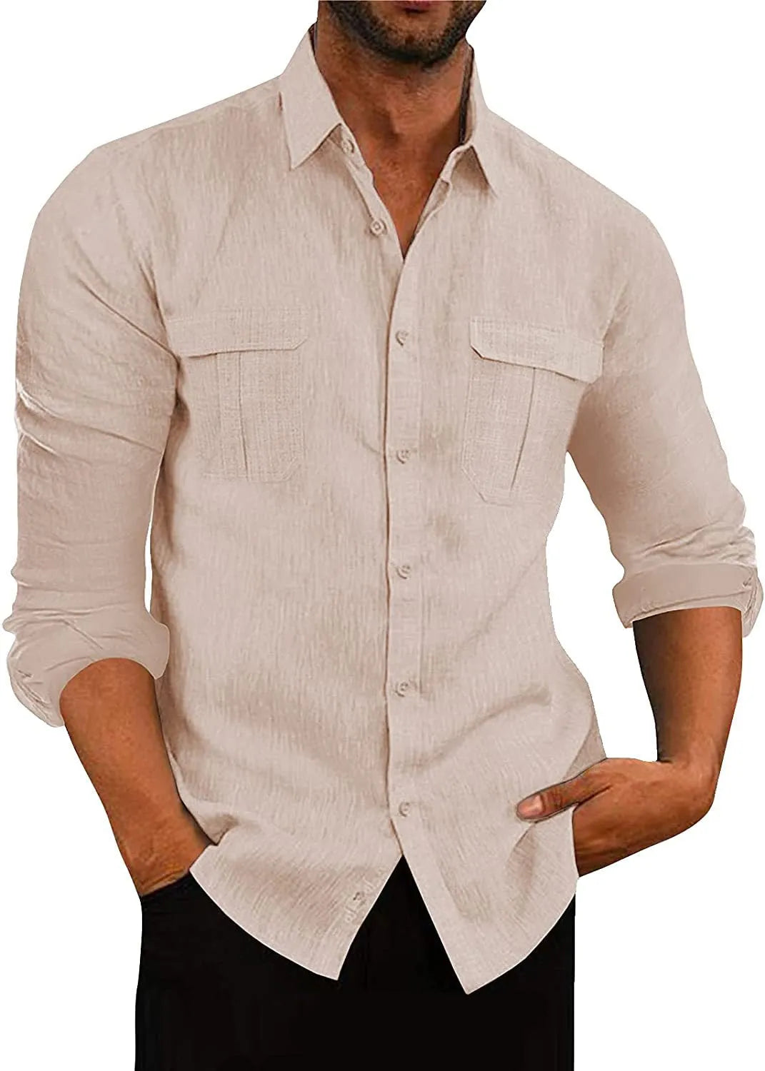 Men's double pocket cotton-linen pullover shirt in loose fit lapel collar style