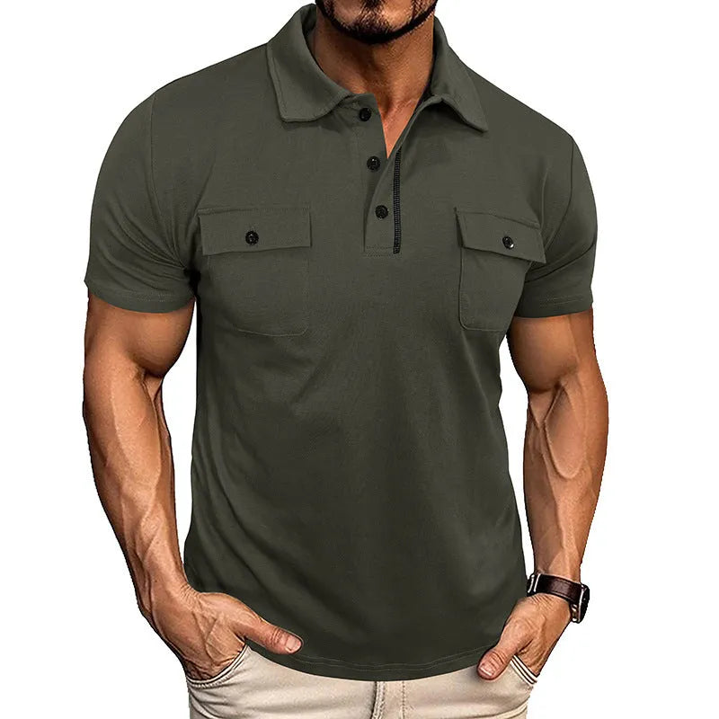 Men's summer lapel button polo shirt with pockets, short sleeves, cotton blend, loose fit, eight colour options