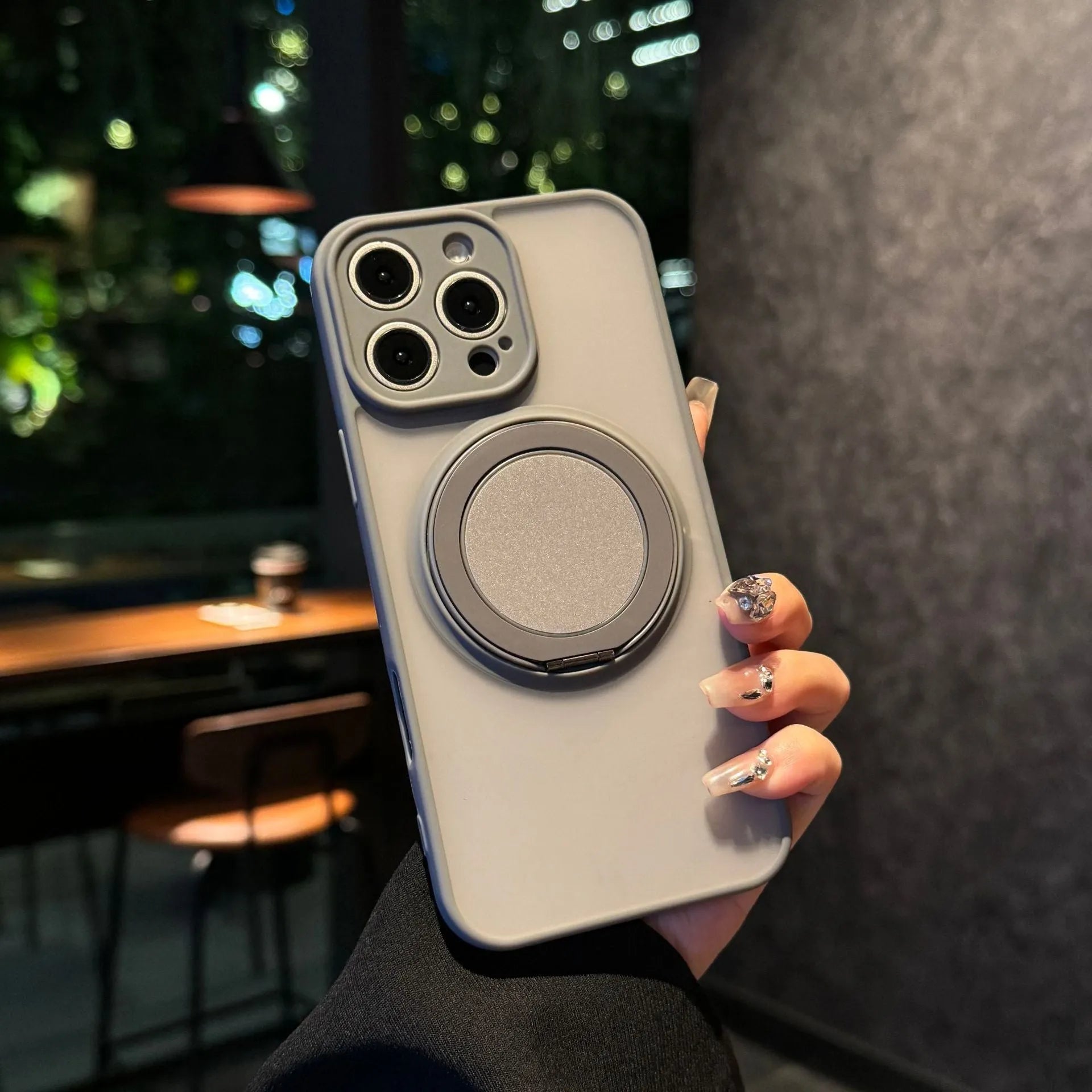 Frosted magnetic rotating bracket phone case for iPhone 17 in multiple colour options showing bracket extended