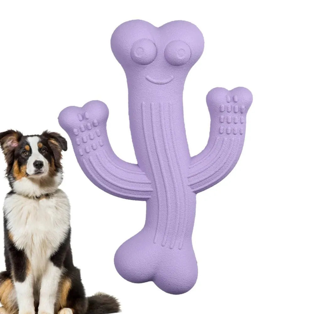 Beige, blue, and purple cactus-shaped dog chew toy made from bamboo fibre and rubber, shown in small and large sizes.