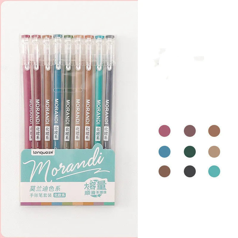 Nine Japanese gel pens in plastic case with 0.5mm needle tips in retro colour theme