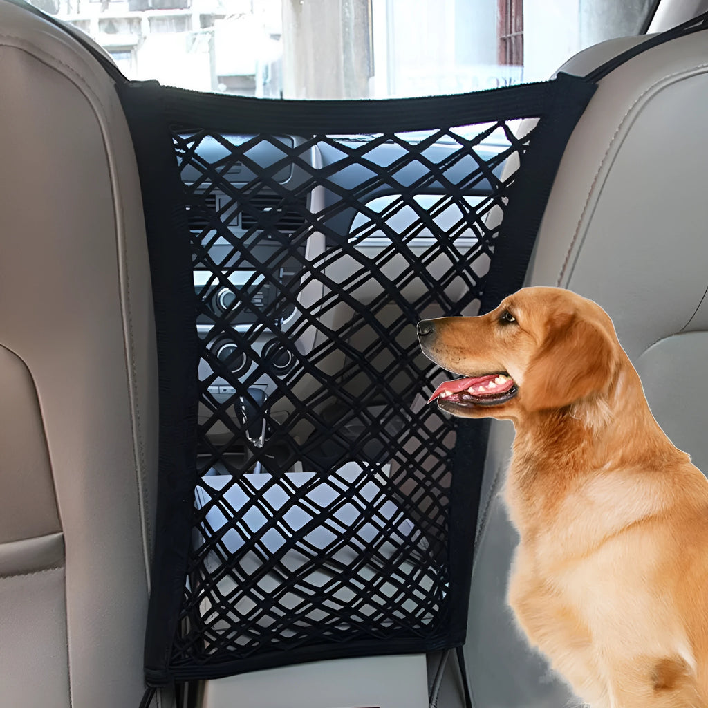Black elastic nylon car pet fence isolation net installed on middle seat with hooks.