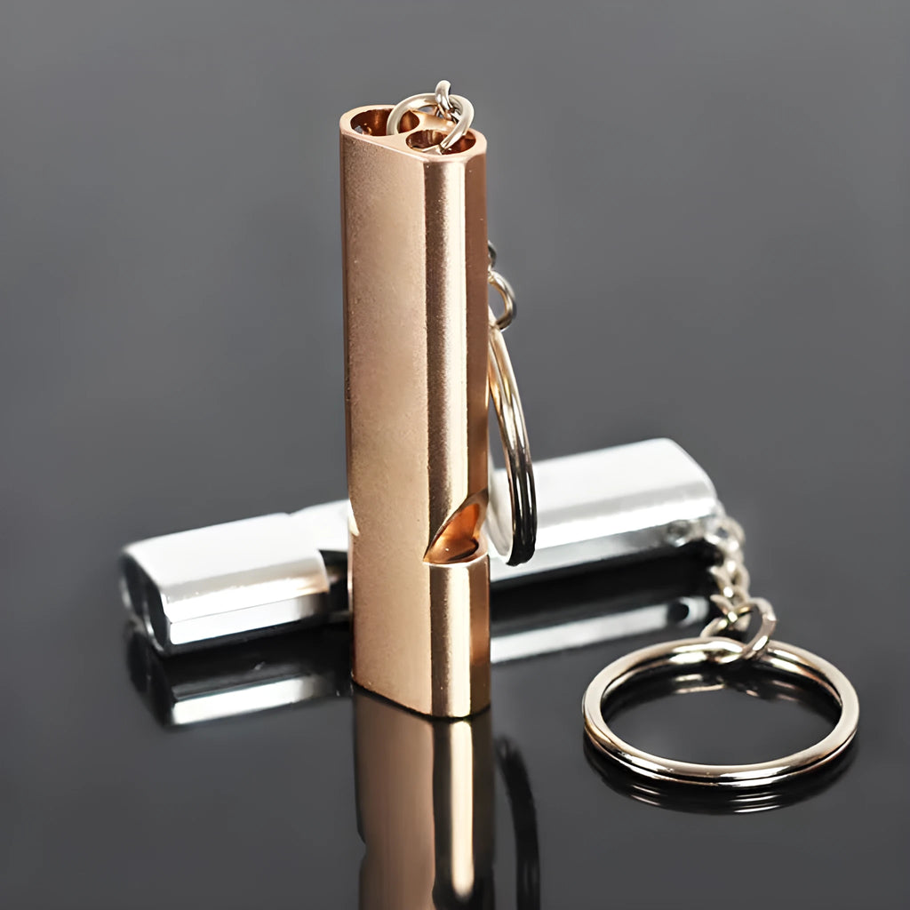 Aluminium alloy double-hole outdoor survival whistle in silver or gold colour
