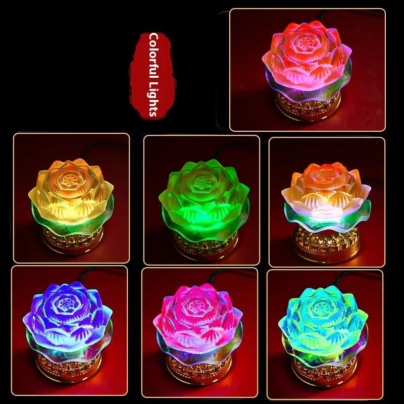 Yellow Chinese style Buddha lotus lamp on a wooden surface, shown in both flower bud and flowering designs.