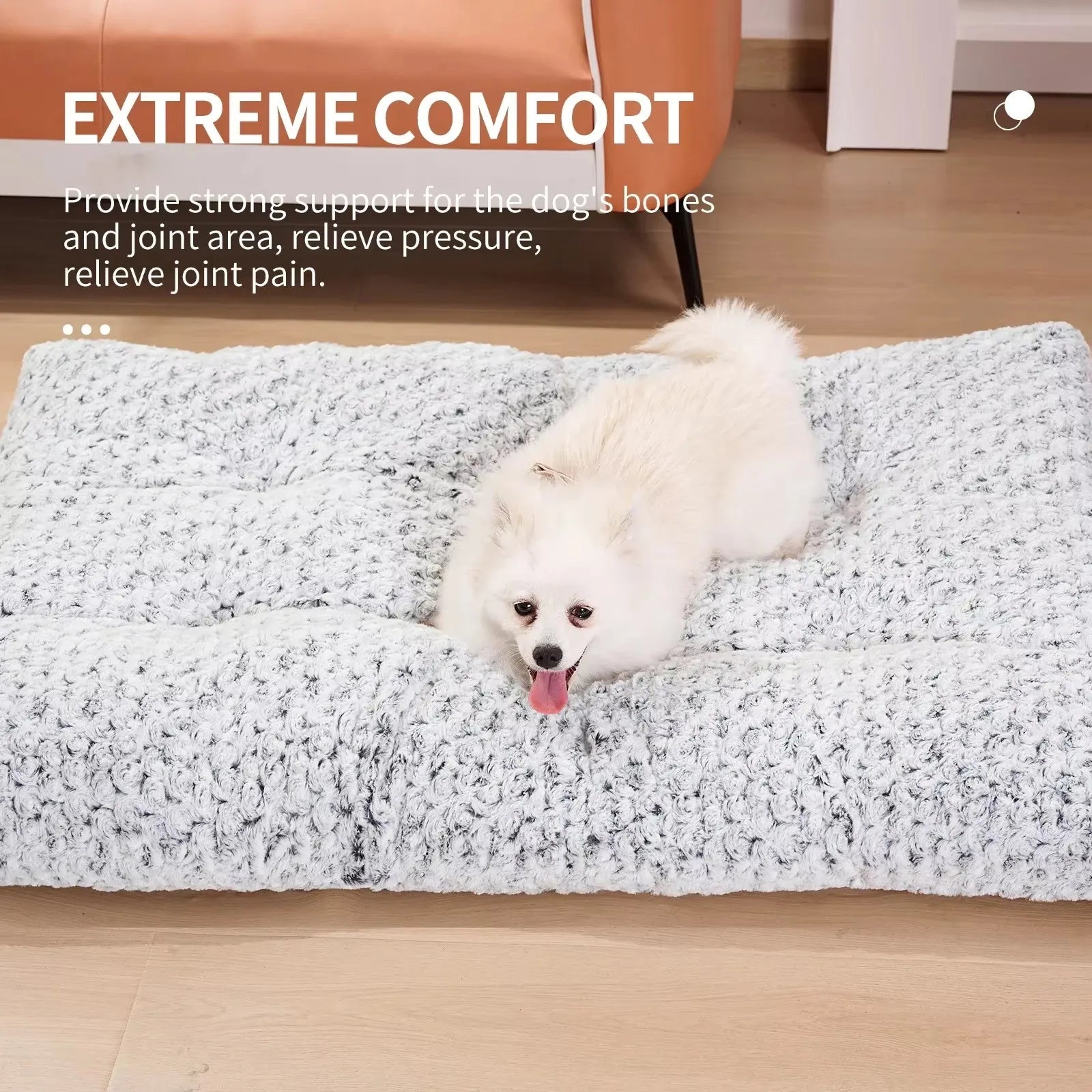 Washable plush dog bed mat in rose velvet with anti-slip bottom, available in sizes S to XXL