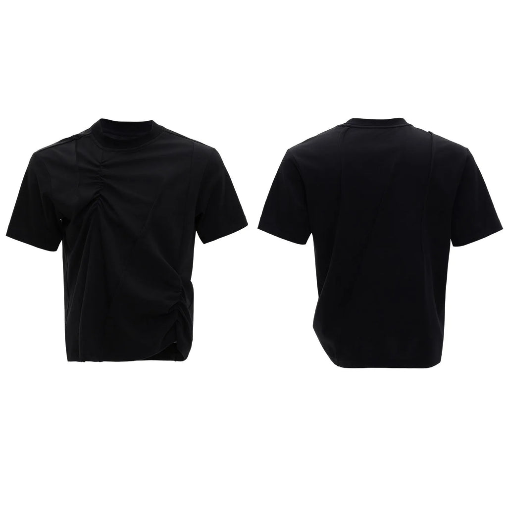 Men's cotton round neck T-shirt with three-dimensional pleating and stitching, black colour, loose fit