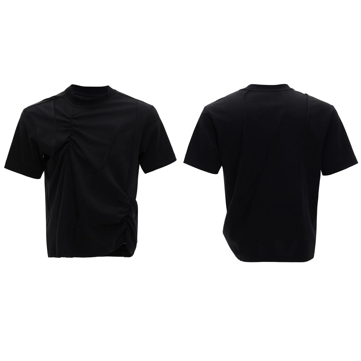 Men's loose grey cotton T-shirt with round neck and asymmetric stitching on the front.