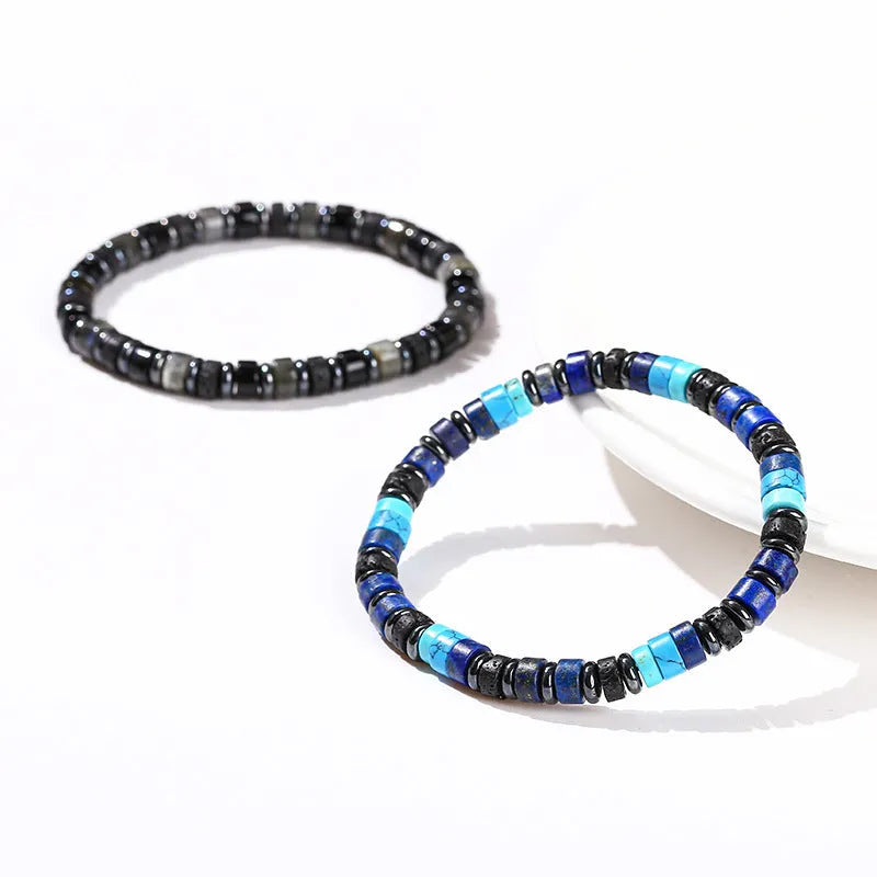 Natural volcanic rock and haematite 6mm bead bracelet with geometry-shaped stones
