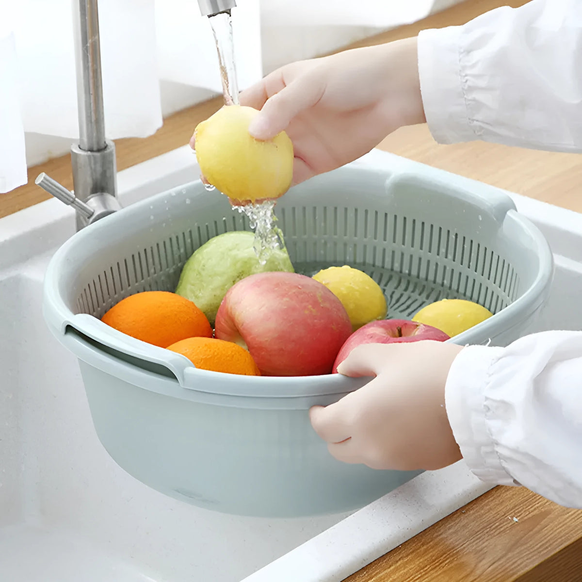 Plastic washing basin set with two stacking basins in Army Green, Gray Blue, Wine Red, or Yellow, size M or S.