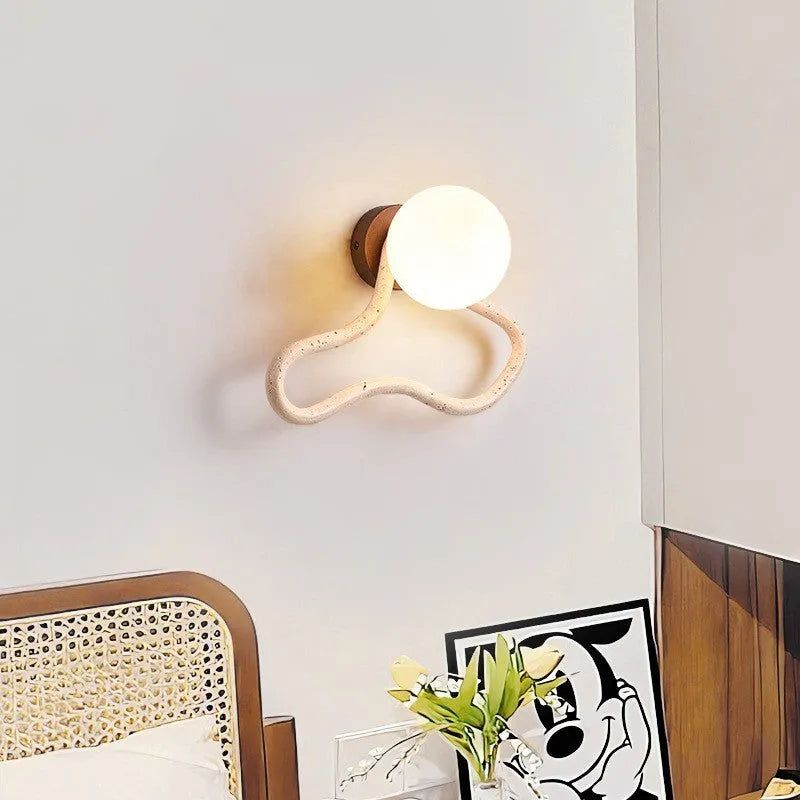 Middle ancient style bedside wall lamp with white travertine glass shade and solid wood base