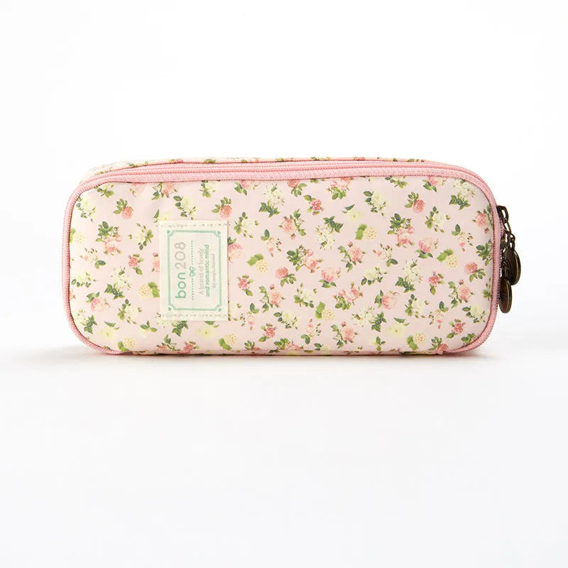 Canvas composite stationery pen storage bag 190x80x40mm in dark cyan pink yellow floral design