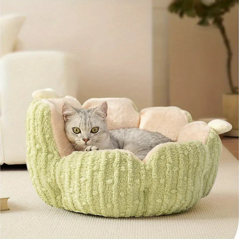Cactus-themed soft cat litter kennel in purple or green colours showing two size options