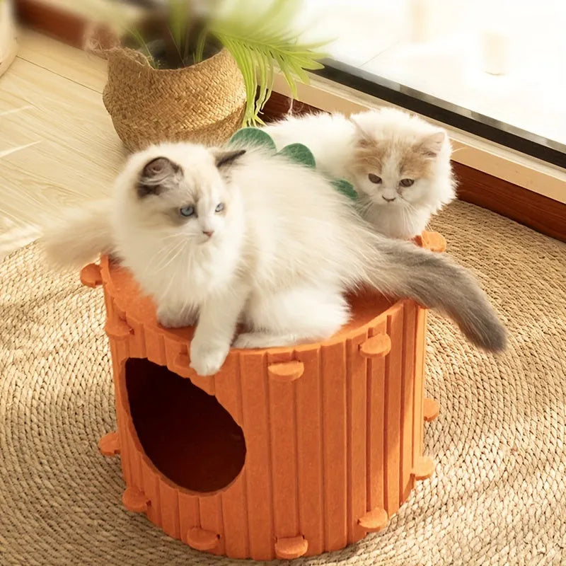 Carrot-shaped felt cat nest tunnel with semi-enclosed drilled design for feline privacy and comfort