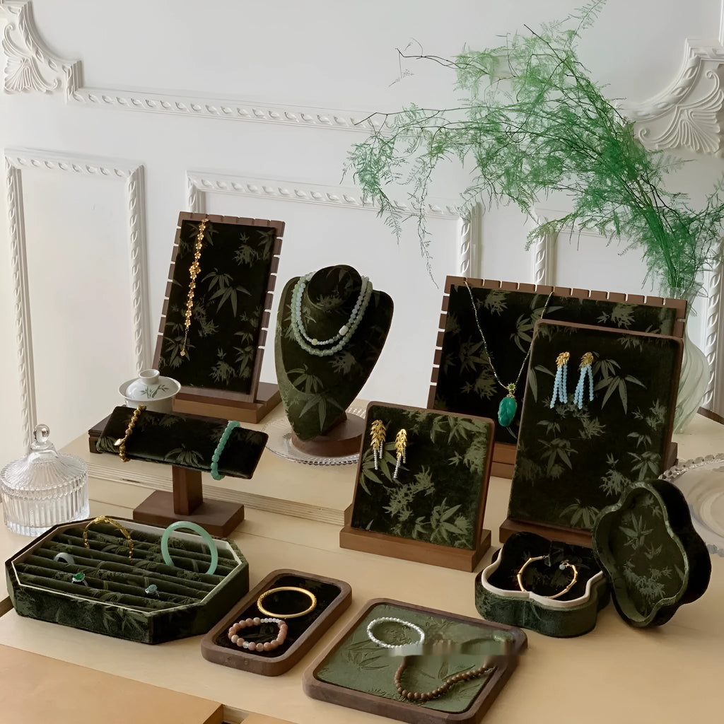 Solid wood walnut necklace display stand with ink painting bamboo design jewellery rack