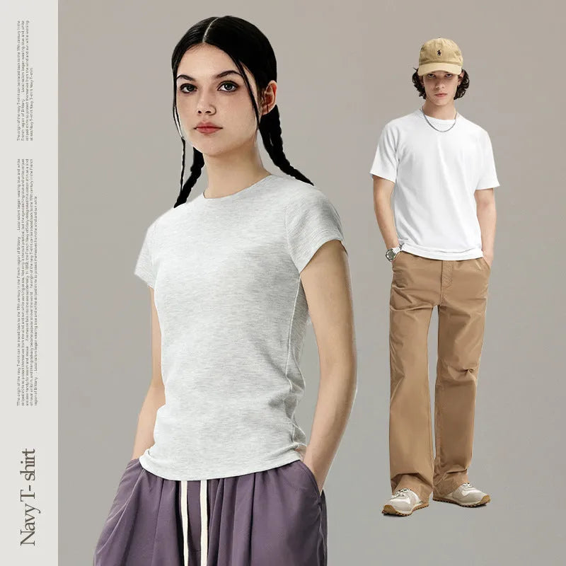 Navy slim fit stretch t-shirt shown in vest and short sleeve styles for men and women.