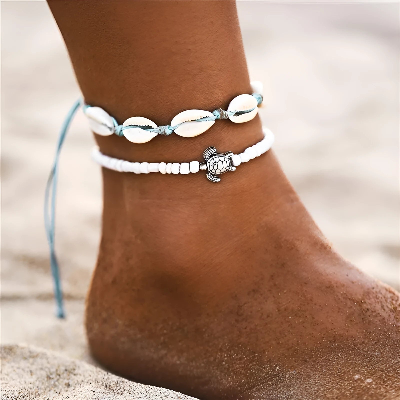 Green blue starfish anklet leg chain with zinc alloy construction on a beach setting