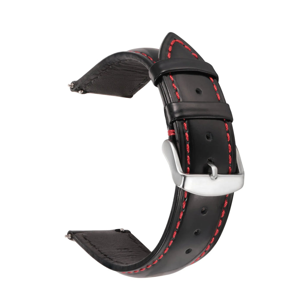 Quick release leather watch strap in bright cowhide, showing colour options and width sizes from 18mm to 22mm.