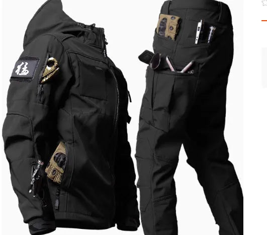 Men's fleece jacket and pants set in corduroy with hooded Korean style in army green beetle coat colour
