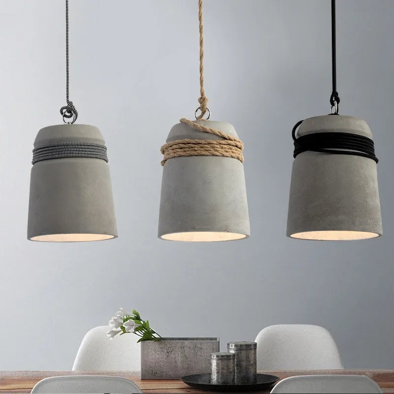 Retro industrial cement pendant lamp with antique shade and choice of black line, floral thread or hemp rope suspension.