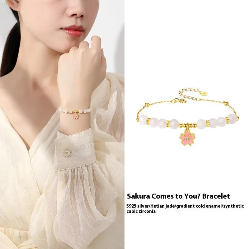 S925 sterling silver cherry blossom pendant with gradient pink epoxy on Hetian jade beaded bracelet