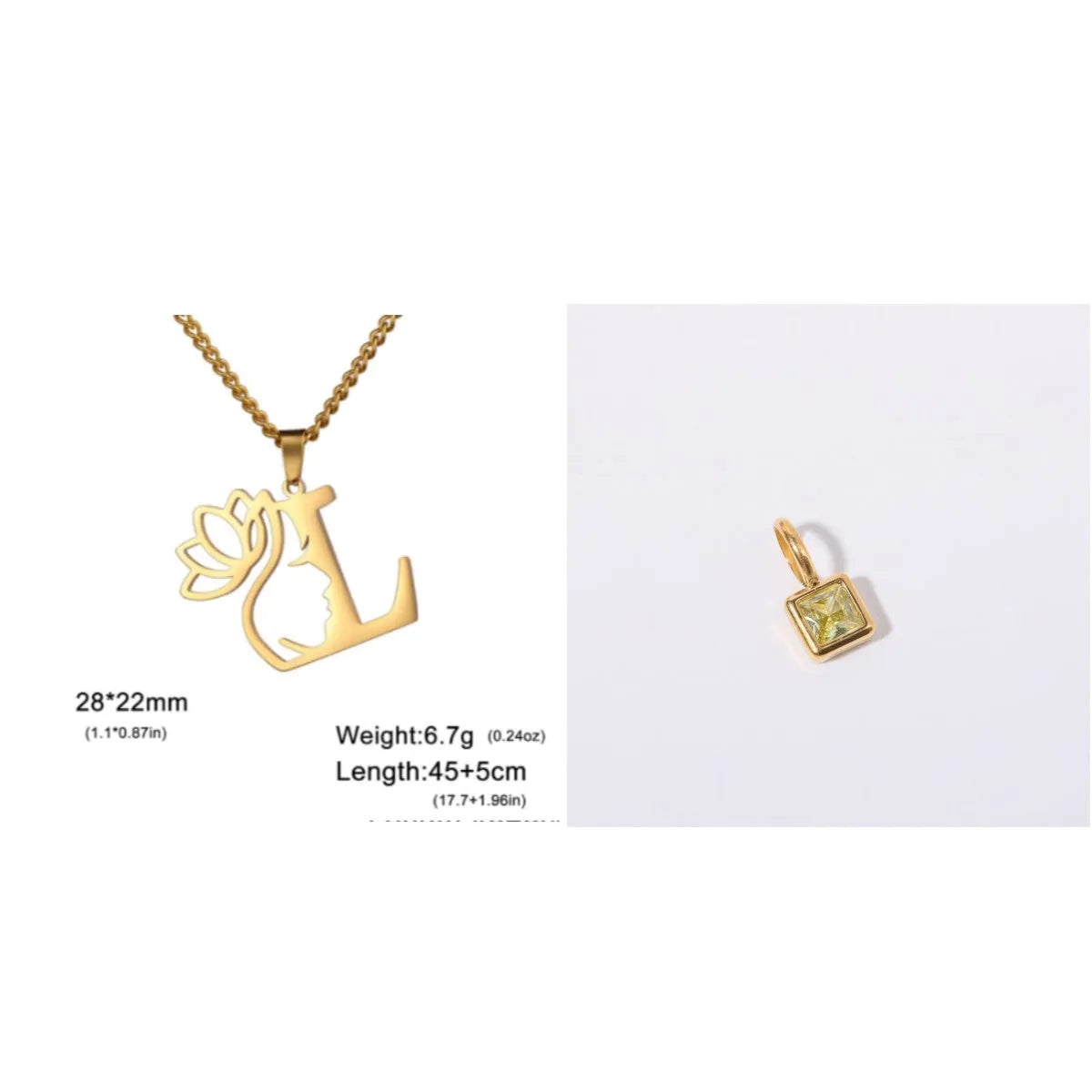Stainless steel necklace with cross chain and a single initial pendant in a gold or silver finish.