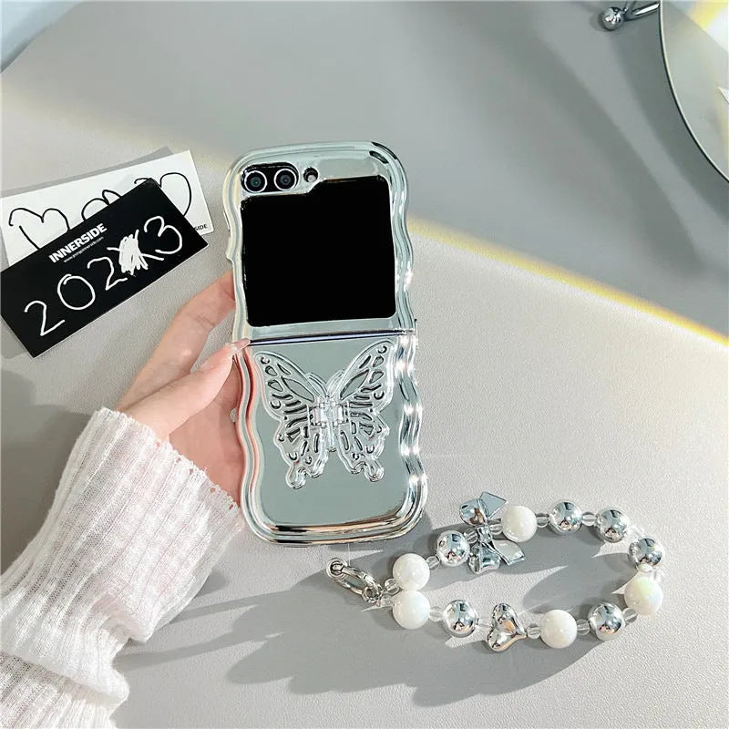 Samsung Z Flip phone case with electroplated wave edge and three-dimensional butterfly bracket stand in rose gold