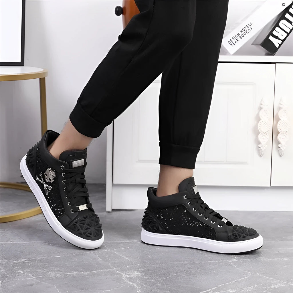 Men's black genuine leather high top skeleton shoes with lacing closure and rubber sole
