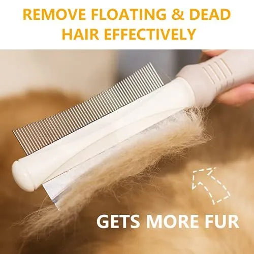 White double-sided dog and cat grooming brush showing curved comb and deshedding blade heads.