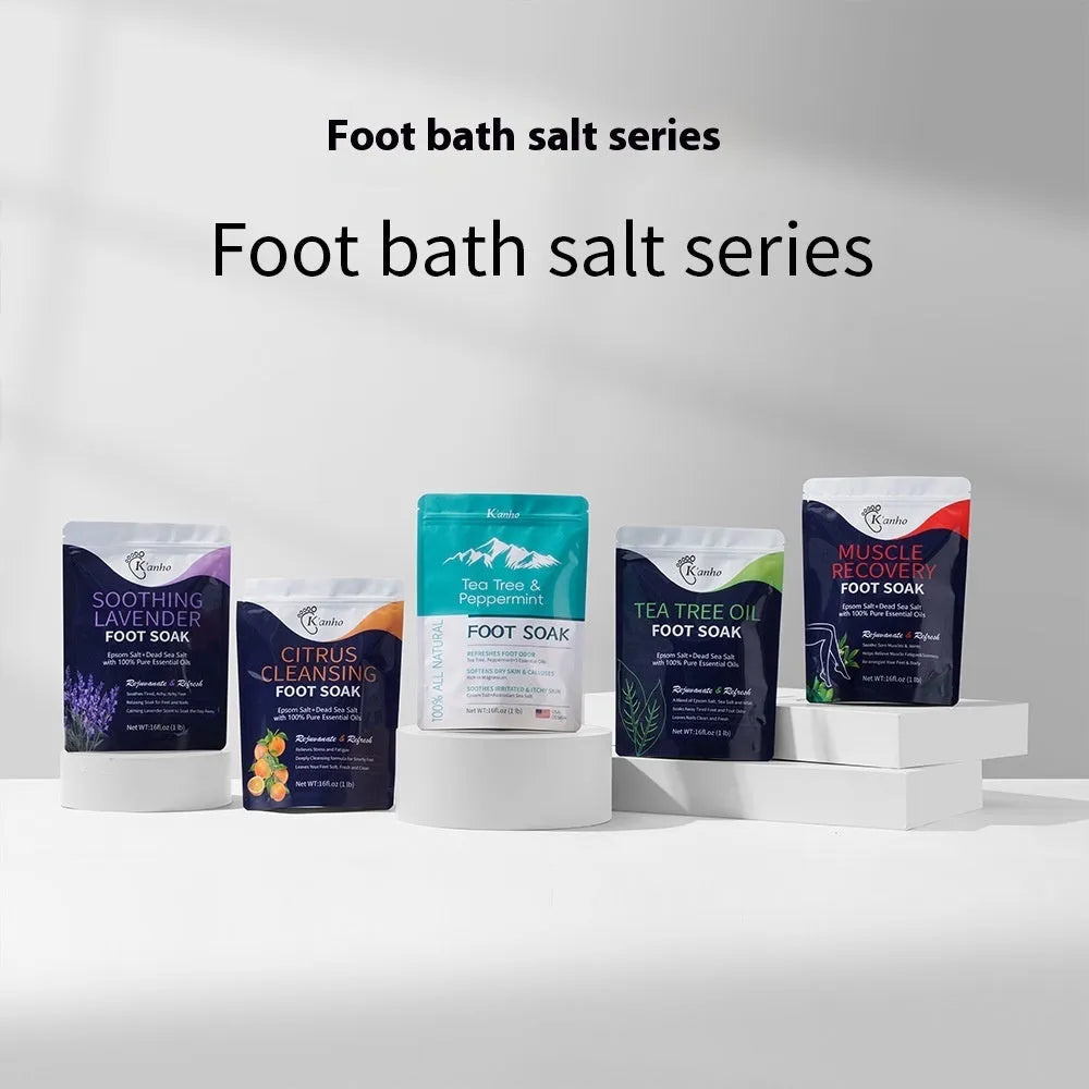 16oz jar of tea tree foot bath salts for exfoliating and deodorising foot care