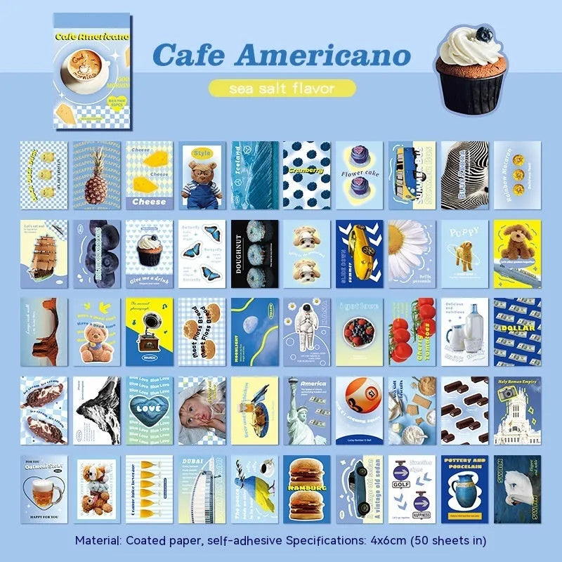 American retro cartoon sticker book showing 50 adhesive sheets measuring 4x6cm for journal decoration
