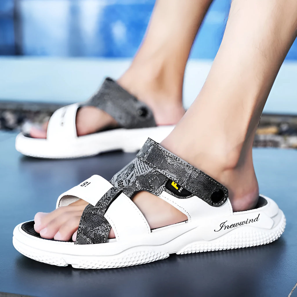 Men's summer open toe sandal in black with non-slip PVC sole and microfiber leather upper