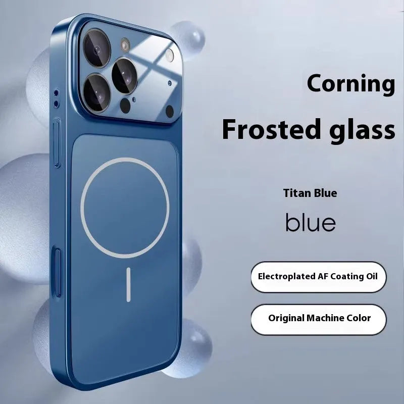 Frosted tempered glass magnetic iPhone case in titanium grey colour on iPhone 15 Pro
