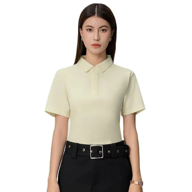 Men's short sleeve business polo shirt in cotton blend fabric with seamless construction, shown in solid colour options