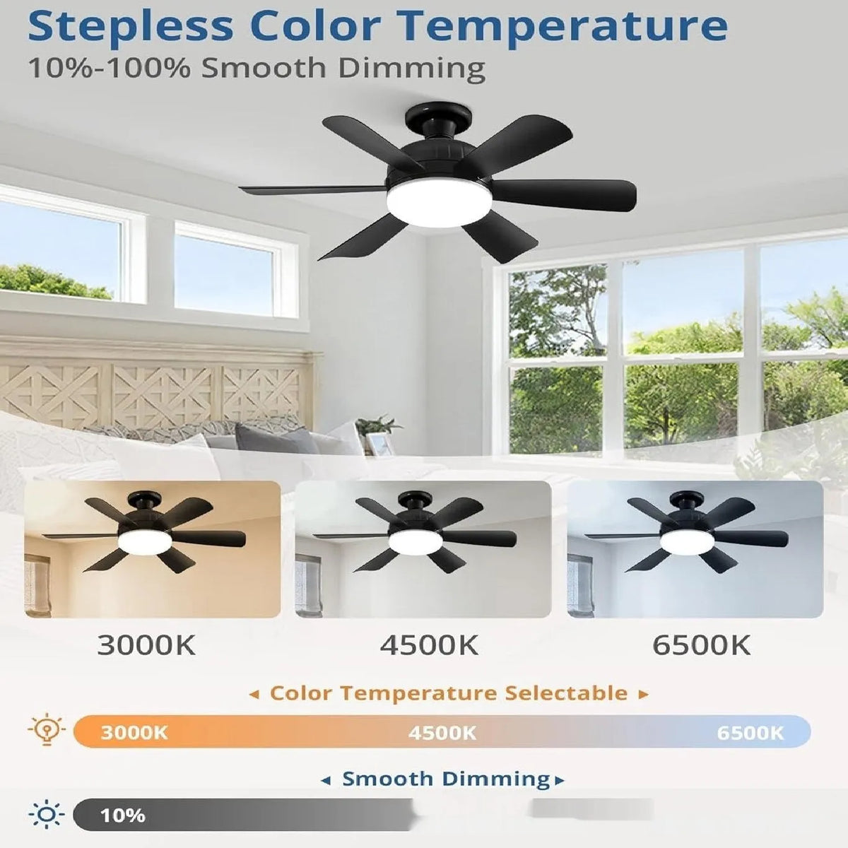 18-inch straight leaf fan lamp with remote control and three colour light options in black