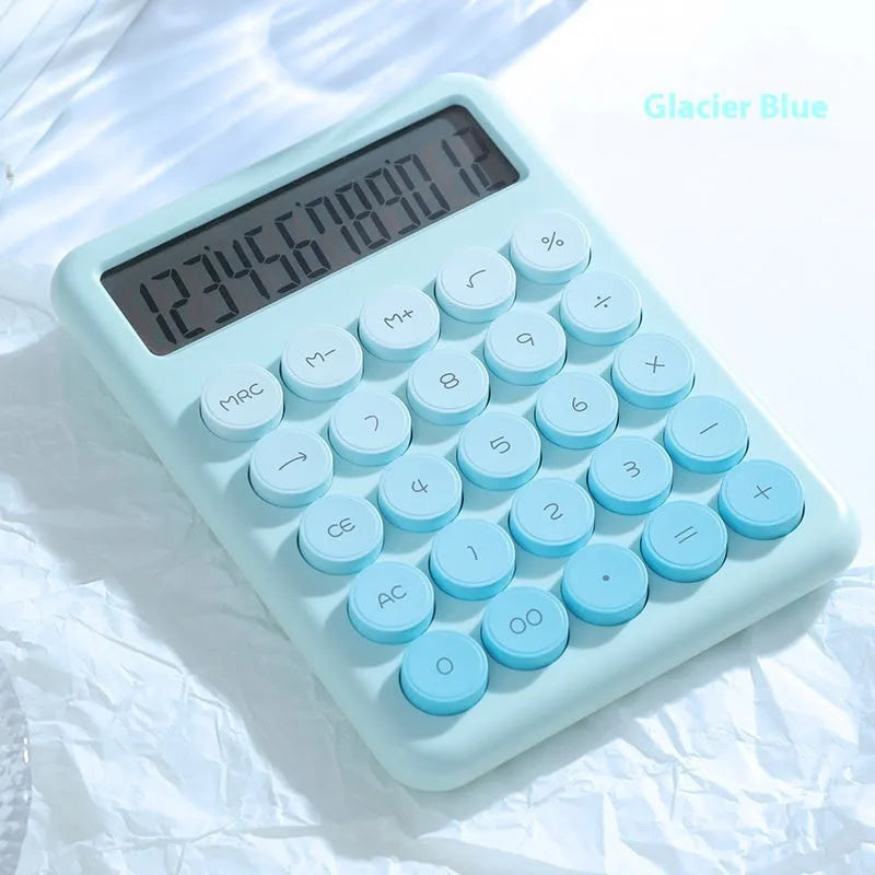 Desk calculator in a choice of violet, cherry blossom powder, glacier blue, and mint green gradient colours.