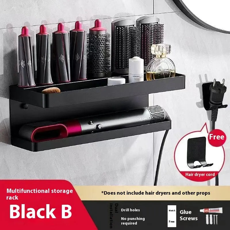 White double-layer aluminum bathroom storage rack with Marcel wave curlers organised on adhesive-mounted wall unit