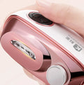 Blue electric nail clipper and polish two-in-one tool with USB-C charging cable and cleaning brush.