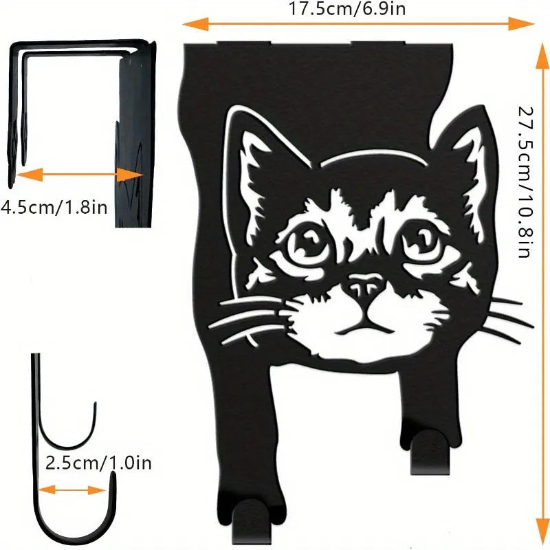 Black cat silhouette wall hook with adhesive backing for no-drill mounting