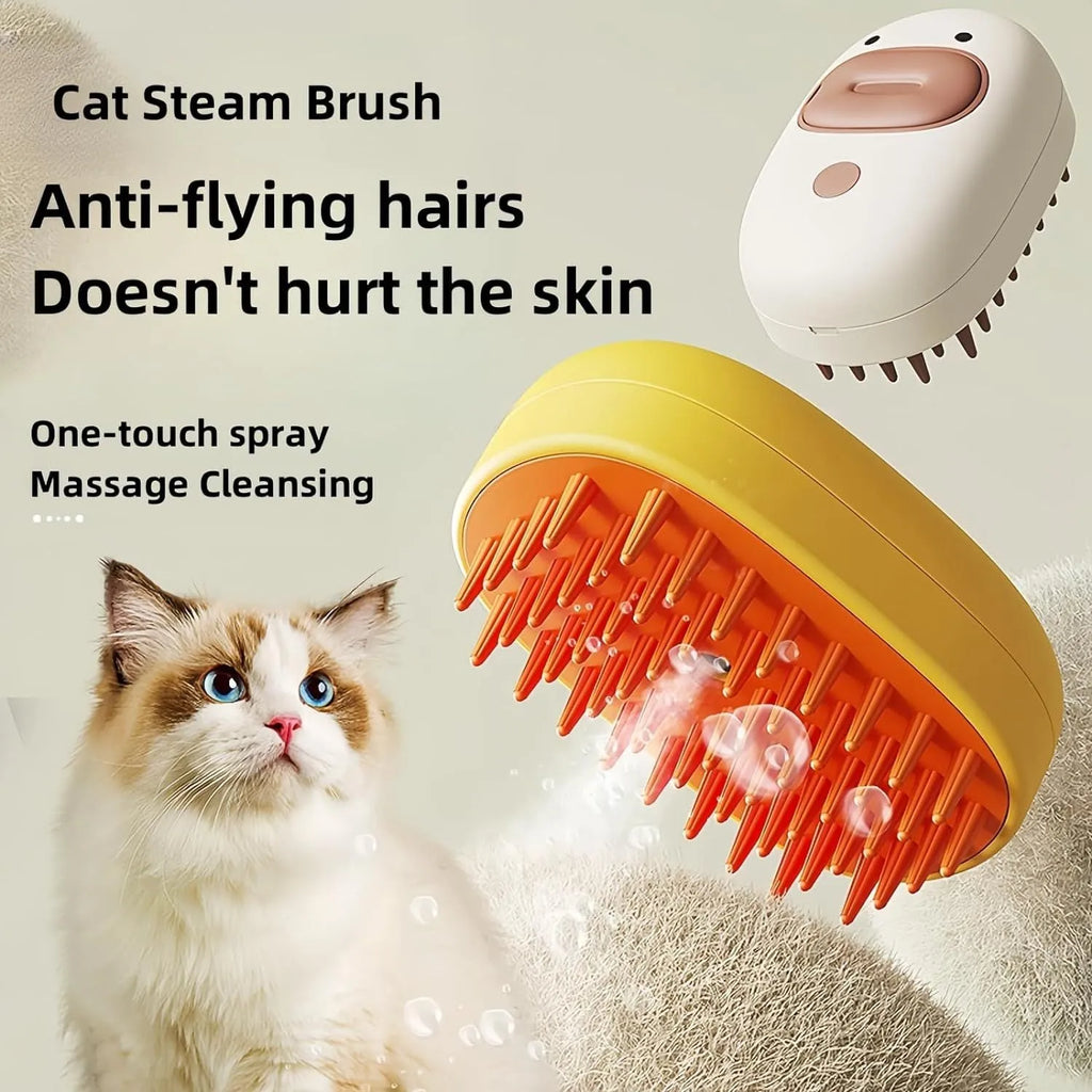 White and yellow rechargeable steam brush for grooming dogs and cats