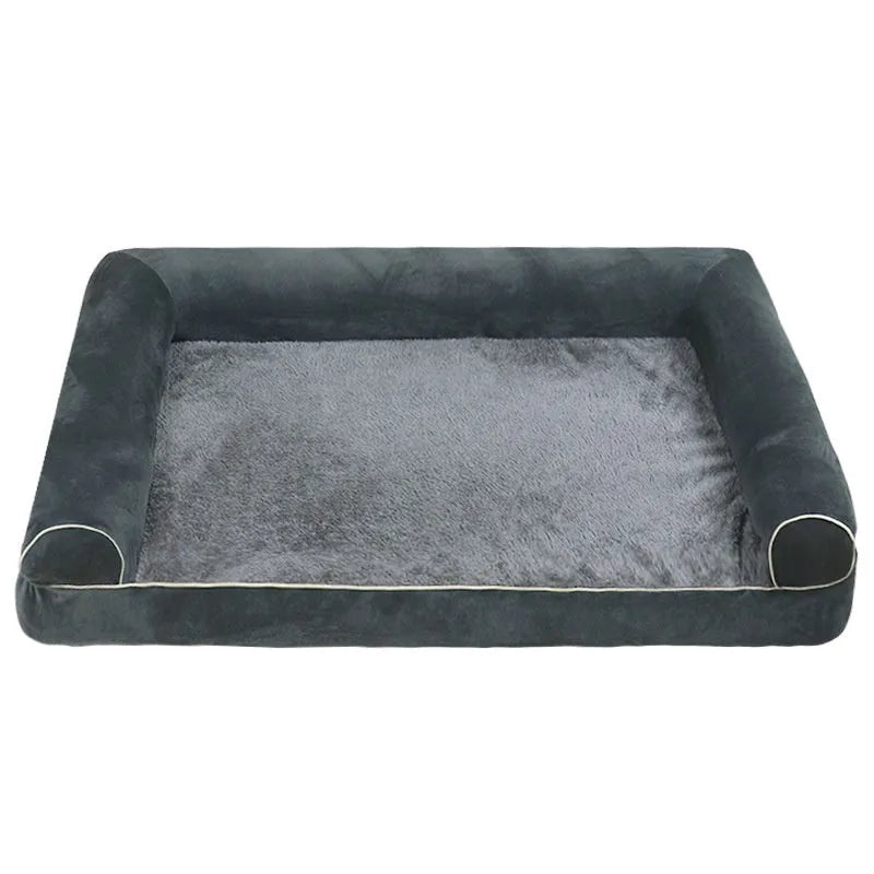 Square sponge dog bed in blue colour showing raised breathable design and cloth cover.