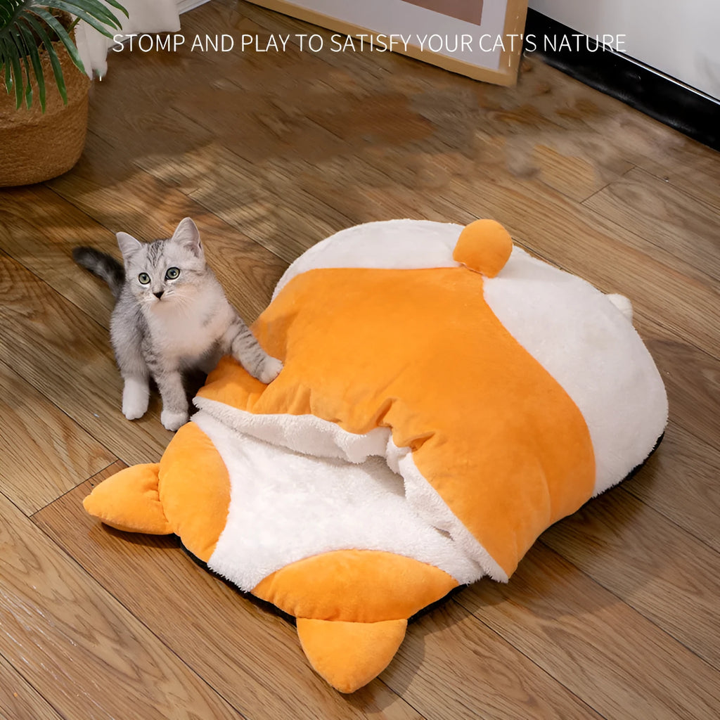 Orange semi-closed cat sleeping bag measuring 65cm long