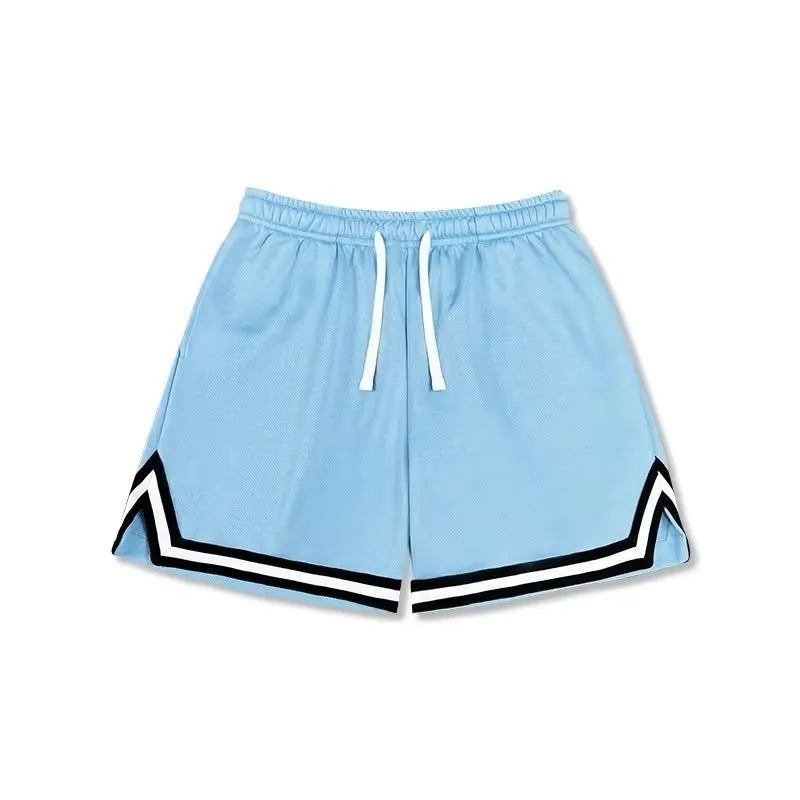 Man wearing loose-fit black polyester sports shorts for summer leisure activities.