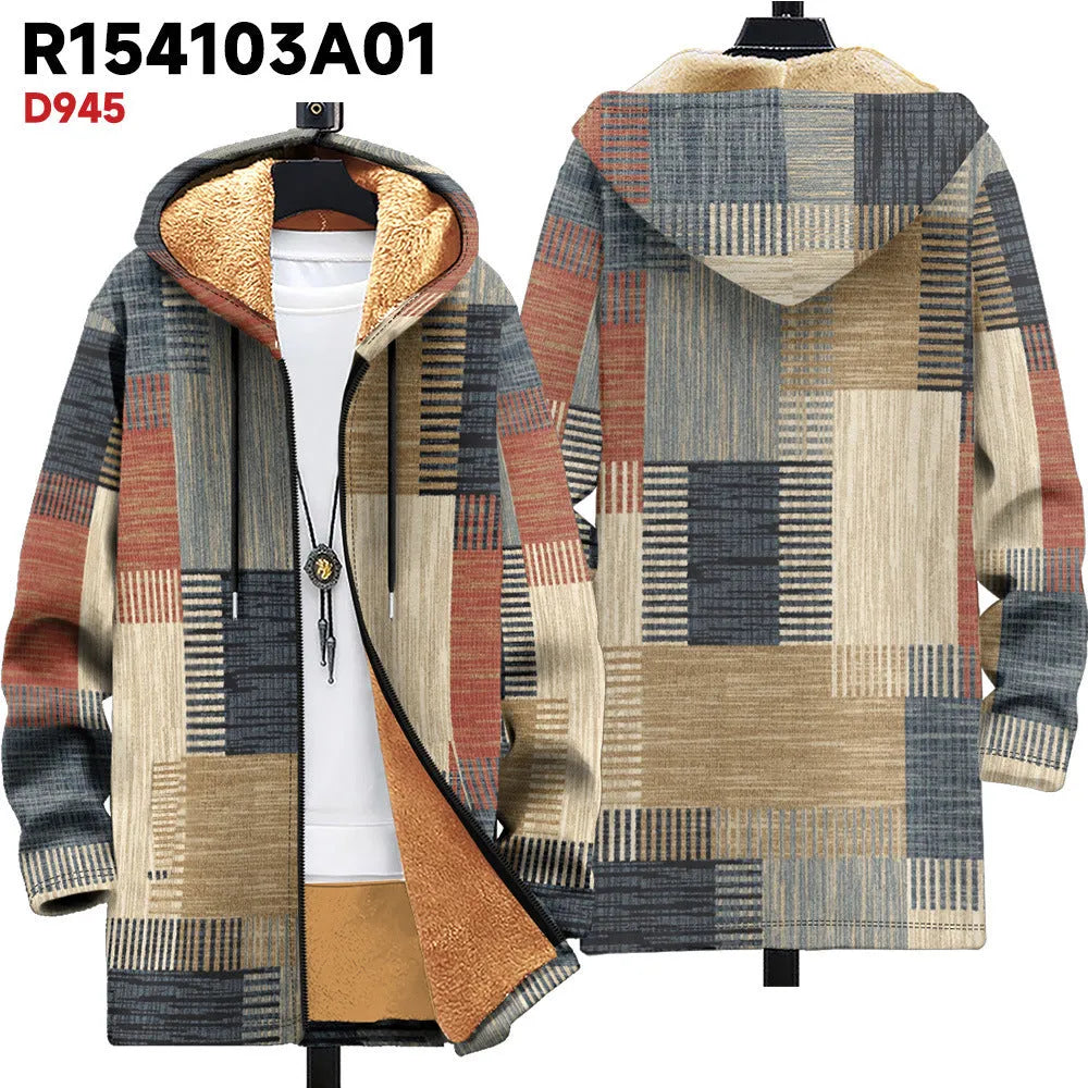 Man wearing a multicolour digitally printed hooded cardigan with a zipper front in a loose fit.