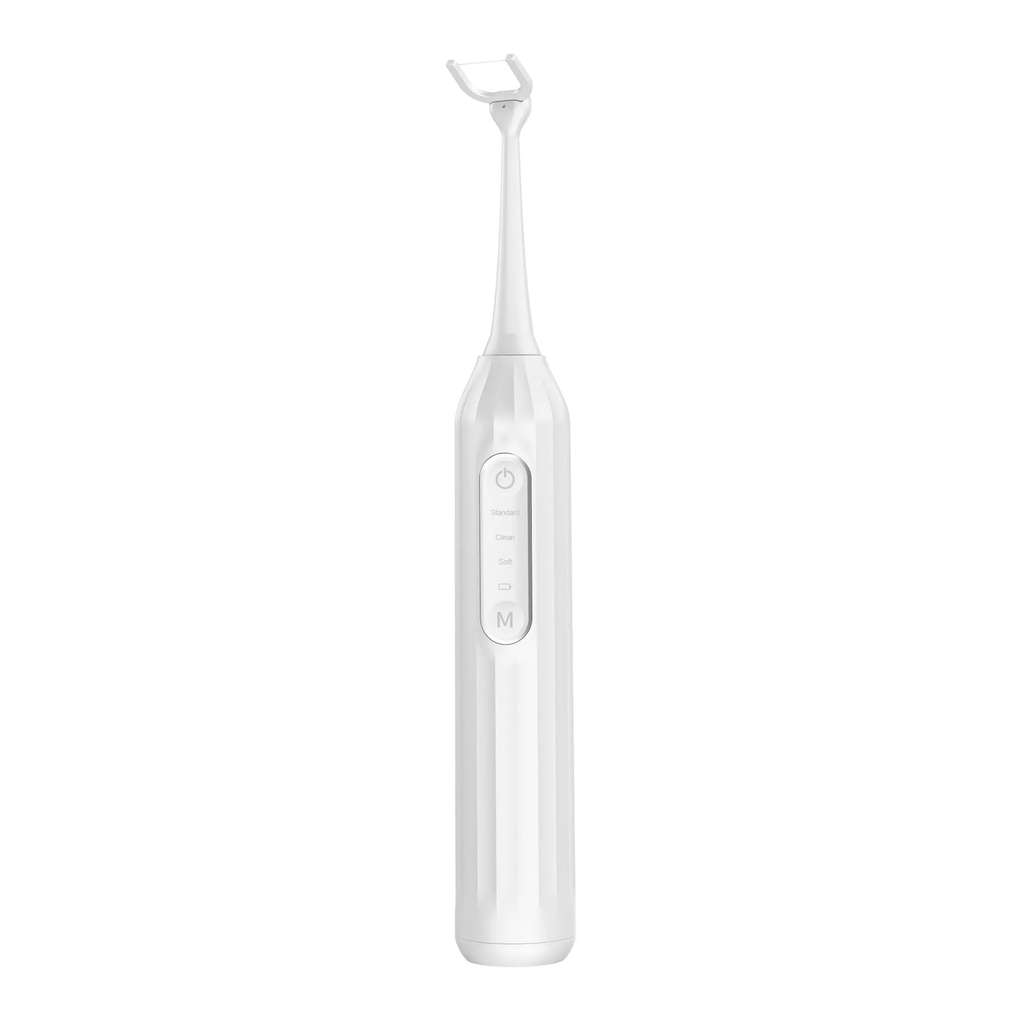 Electric water flosser in white with Type-C charging, three mode buttons, and water tank visible