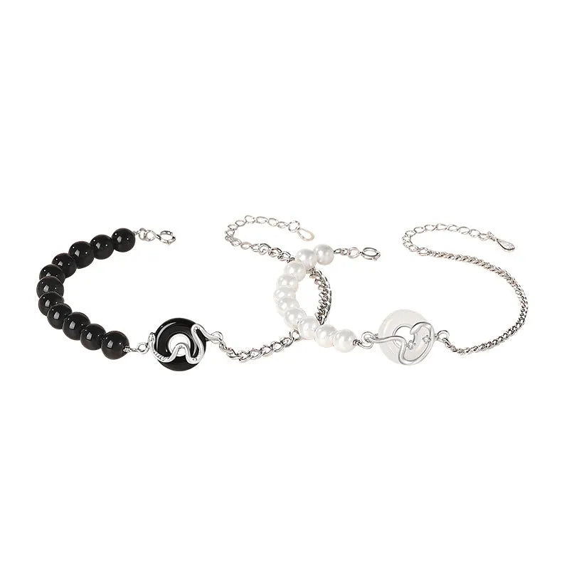 Sterling silver 925 Chinese Obsidian Pearl Bracelet with snake zodiac design and safe buckle for couples